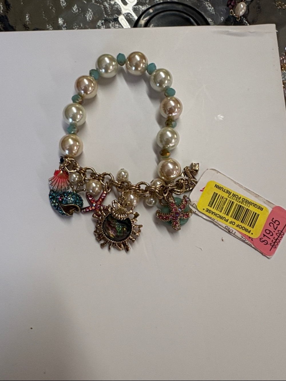 Betsey Johnson Pearl and Aqua Beaded Sea Charm Bracelet
